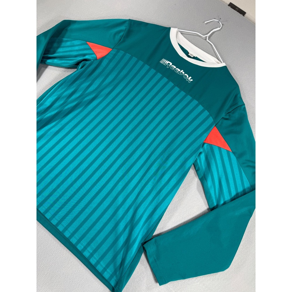 Reebok Mens Teal Green Striped Long Sleeve Soccer Jersey Globe Graphic FK6159